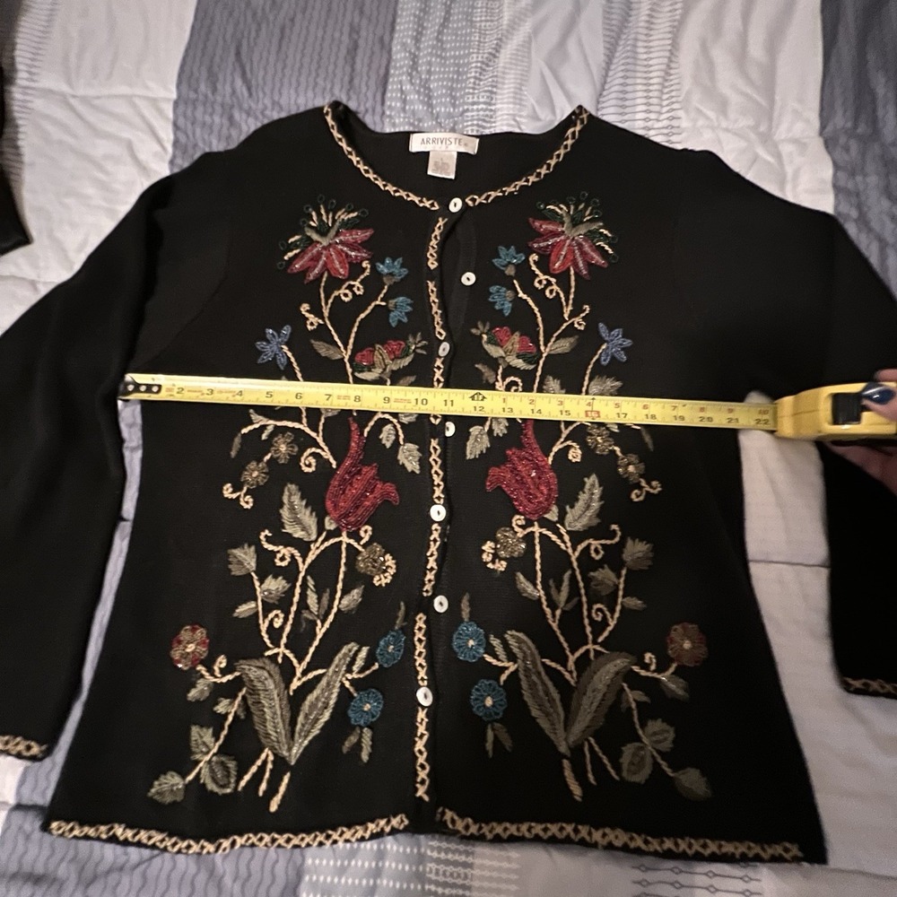Vintage Arriviste Black Floral Beaded Button Up Cardigan Sweater Cotton Blend L - Picture 13 of 16